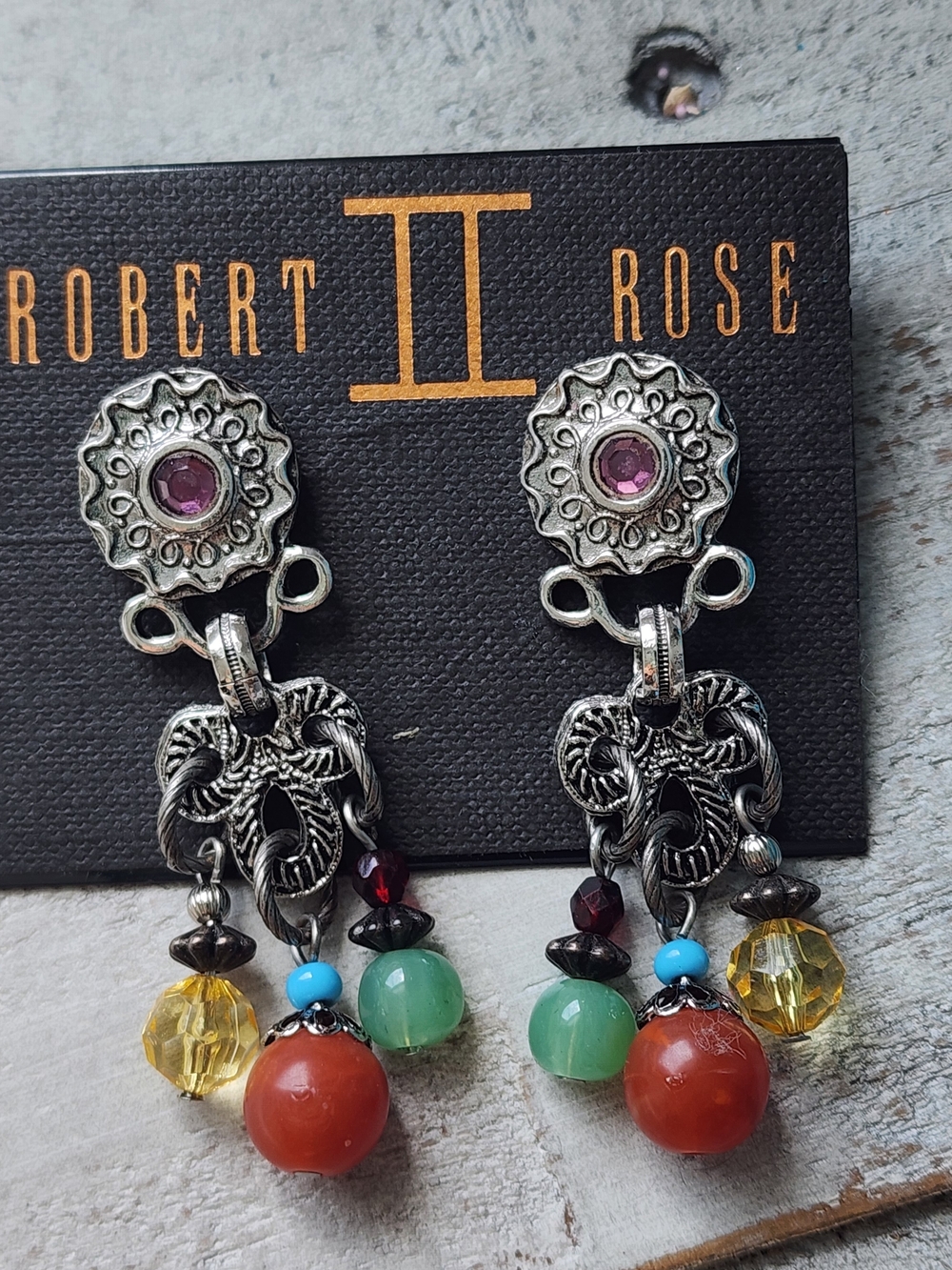 Robert Rose Silver-Tone Drop Earrings with Red, Green, Yellow & Blue Beads